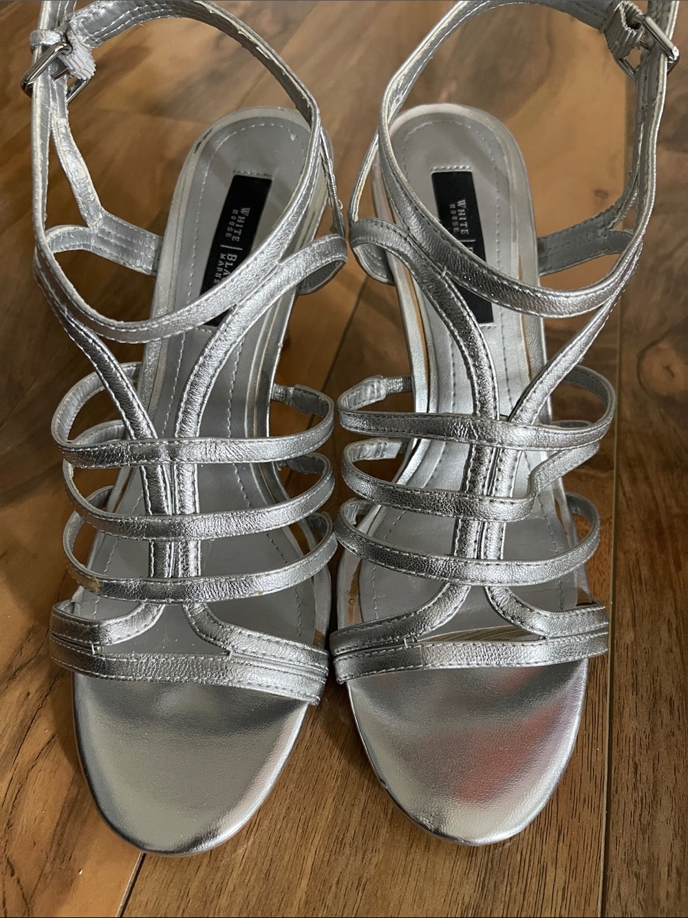 White House Black Market Metallic Silver Strappy Heels